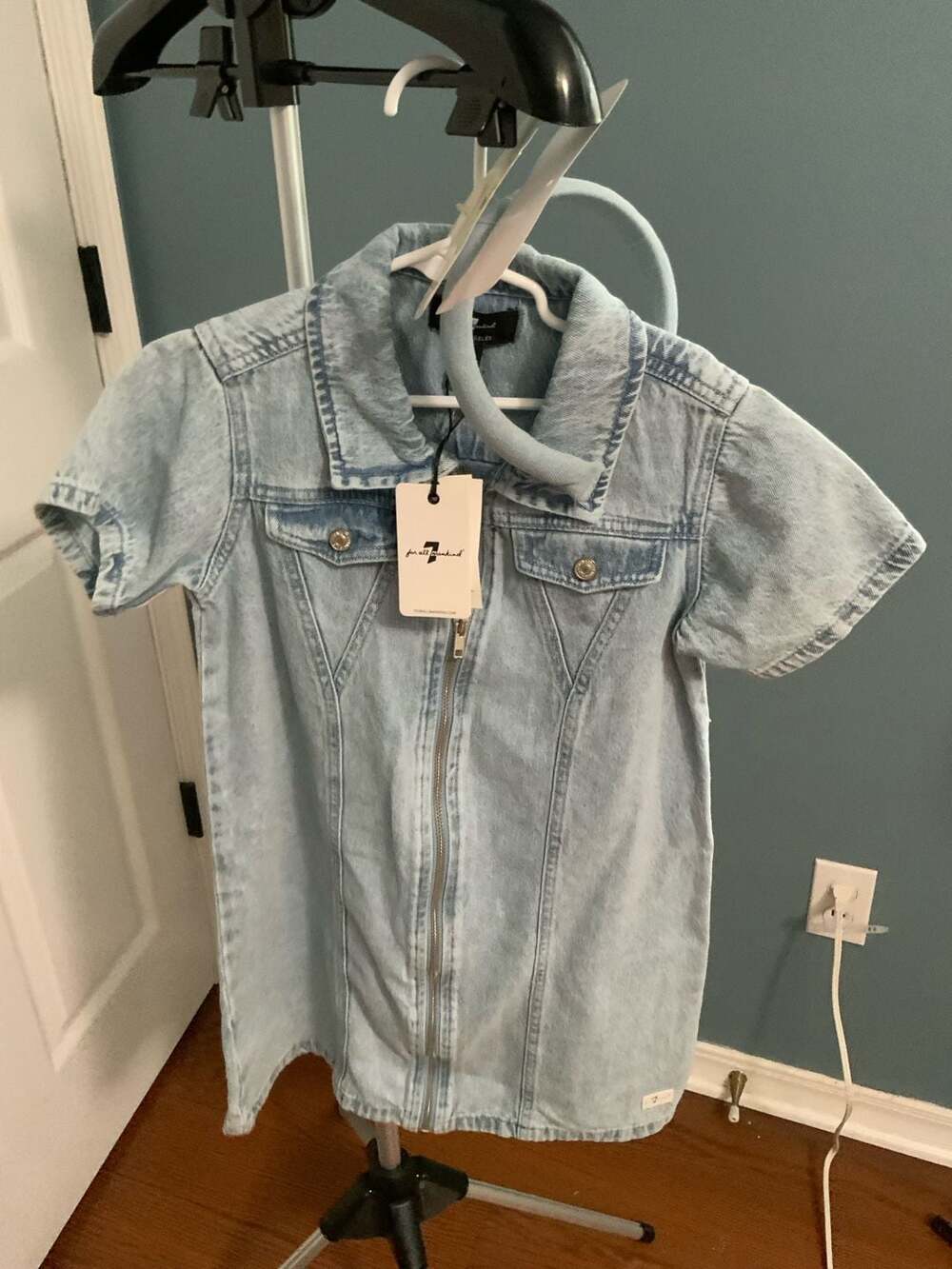 7 For All Mankind Zip Front Denim Dress Size 7 Light Wash with Matching Headband